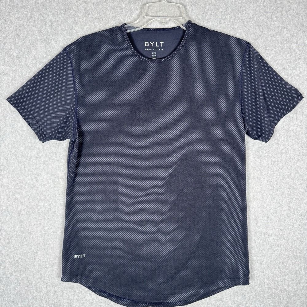 BYLT Drop Cut S/S Lux T Shirt Mens L Navy Blue Polka Dots Short Sleeve Stretch